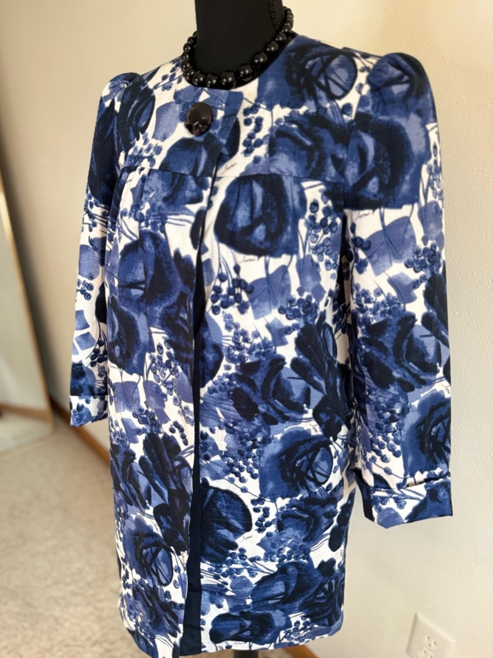 Milly Blue Floral Coat Dress Size 4 Cotton Structured Jacket - Picture 2 of 14